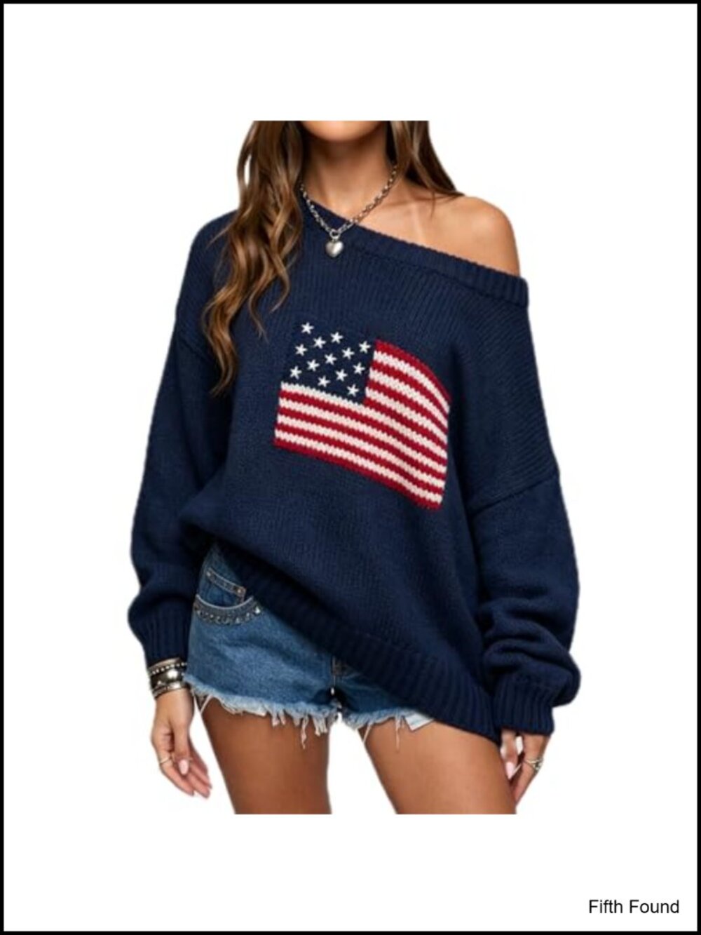 Off the Shoulder American Flag Sweater Women Oversized Knit Pullover Patriotic